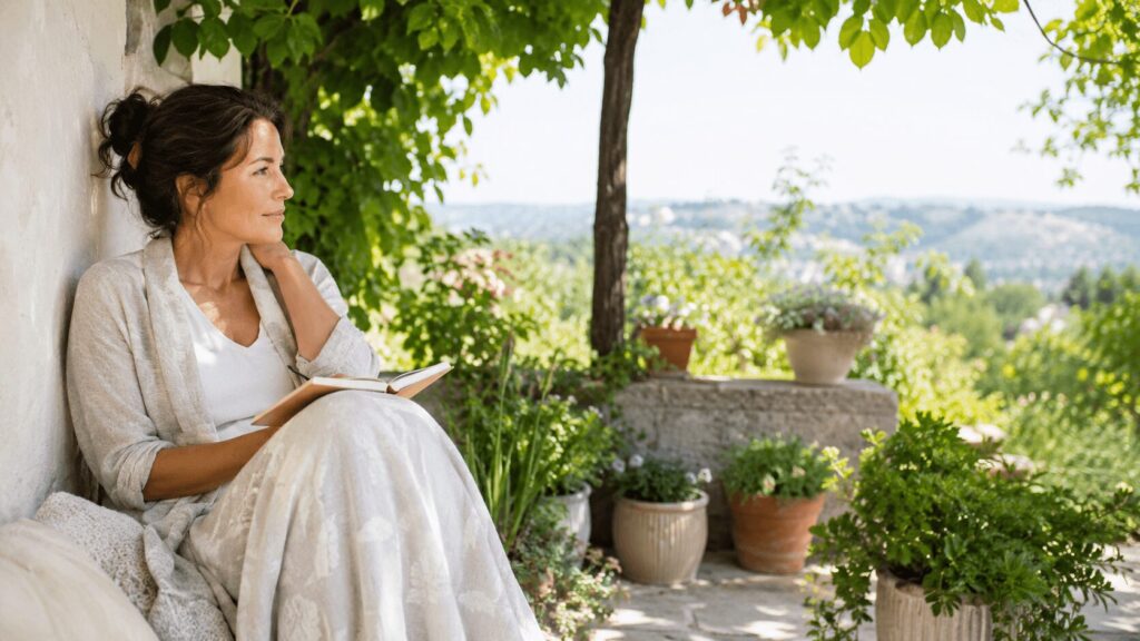 Frau sitzt mit einem offenen Notizbuch in einem grünen Garten im Schatten und blickt ruhig in die Ferne.
